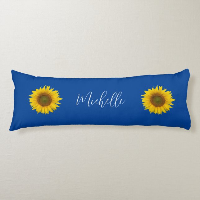 Elegant Blue Monogram Yellow Sunflowers Body Cushion (Front)