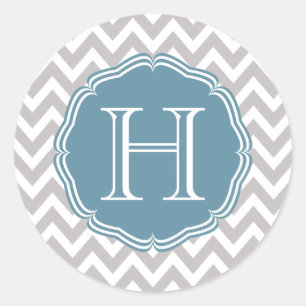 Elegant blue Monograma in chevrón gray Classic Round Sticker