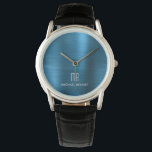 Elegant Blue Monogrammed Brushed Metallic Watch<br><div class="desc">Personalised Elegant Blue Monogrammed Brushed Metallic Watch.</div>