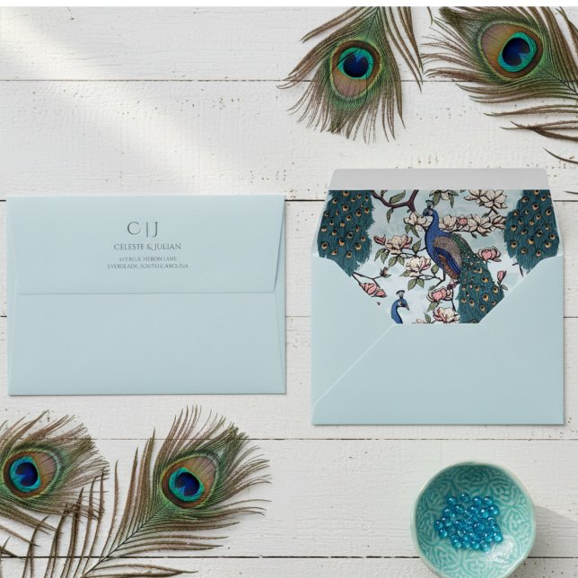 Elegant Blue Monogrammed Peacock Return Address Envelope (Elegant Floral Peacock Light Blue Envelope. Modern Chinoiserie Peacock Bird Magnolia Flower Pattern)