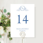 Elegant Blue Monogrammed Wedding Table Number<br><div class="desc">Help your guests find their table with this elegant monogrammed table number. Double sided cards. Clear space all around giving you the liberty to use use table holder or frame. Attractive hand drawn botanical crest monogram with blue text. Ability to make changes on text size, style or position by selecting...</div>