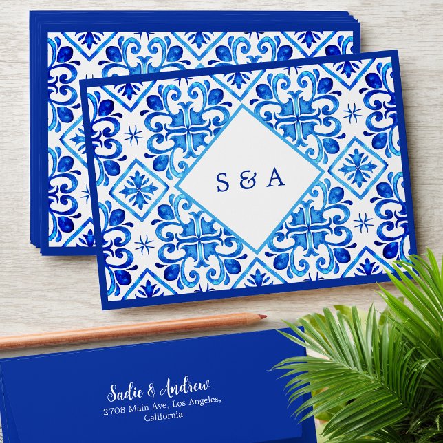 Elegant Blue Moroccan Pattern Initials Wedding Envelope (Creator Uploaded)