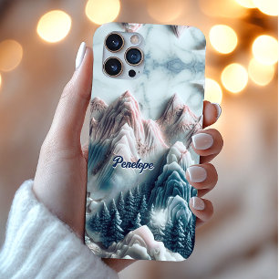 Elegant blue mountains chinoiserie monogram iPhone 16 pro case