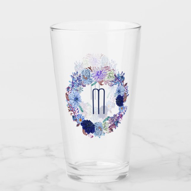Elegant Blue Mum Floral Wreath Monogram Glass (Front)