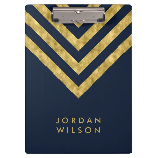 Elegant Blue Name Faux Gold Chevron Clipboard (Front)