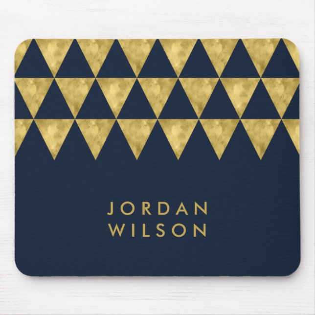 Elegant Blue Name Faux Gold Triangle Pattern Mouse Mat (Front)