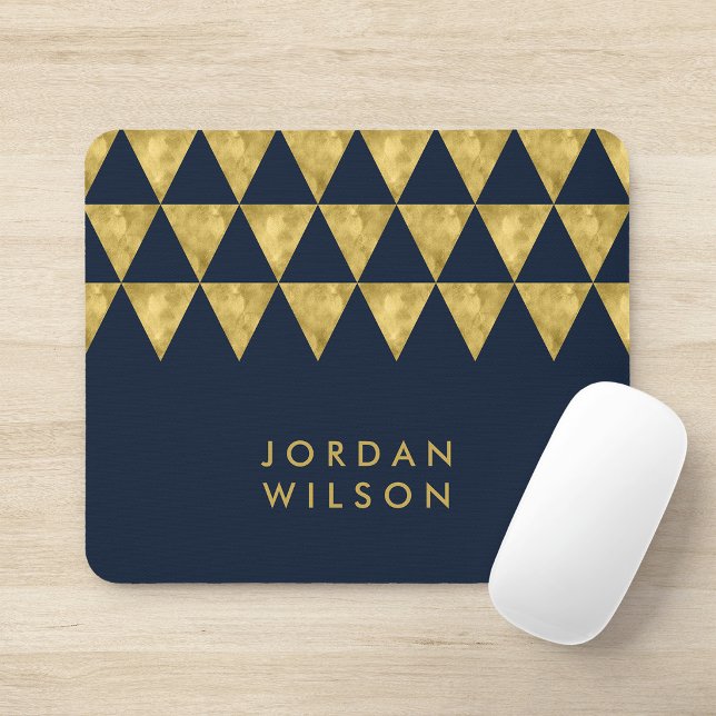 Elegant Blue Name Faux Gold Triangle Pattern Mouse Mat (Creator Uploaded)
