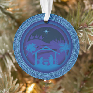 Elegant Blue Nativity Scene Ornament