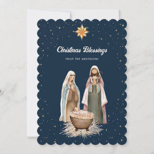 Elegant Blue Nativity Scene Stars Christian Holiday Card