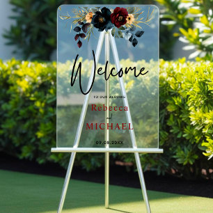 Elegant blue navy burgundy flowers welcome wedding acrylic sign