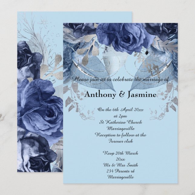 ELEGANT BLUE NAVY FLORAL ROSE WEDDING INVITATION (Front/Back)