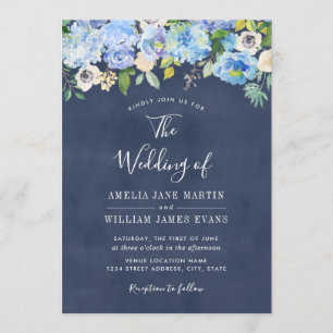 Elegant Blue Navy Floral Wedding Invitation