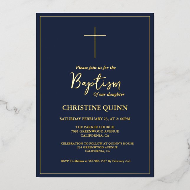 Elegant Blue navy & Gold Baptism & Christening  (Front)