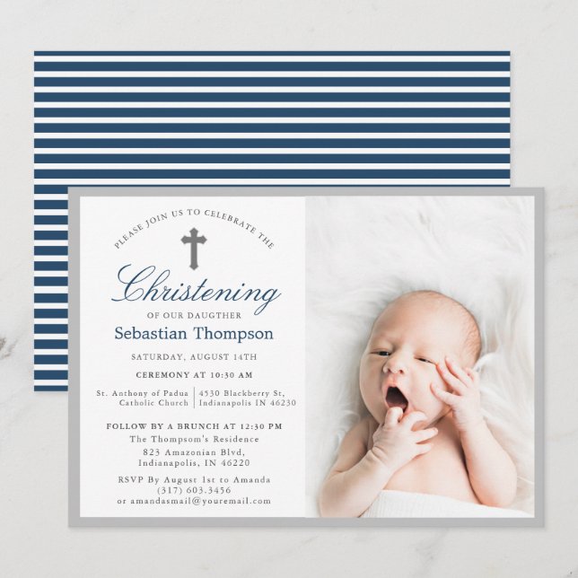 Elegant Blue Navy Stripes Photo Christening Invitation (Front/Back)