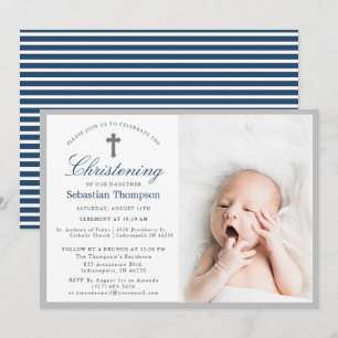 Elegant Blue Navy Stripes Photo Christening Invitation