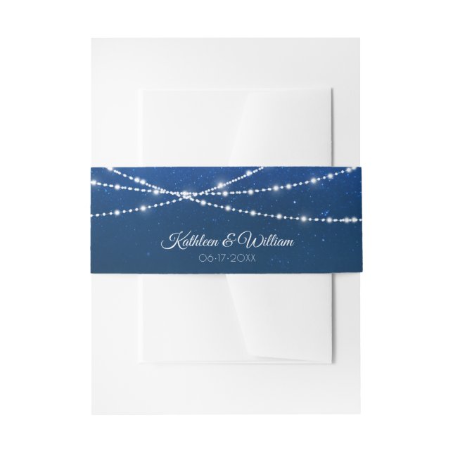 Elegant Blue Night & Silver String Lights Wedding Invitation Belly Band (Front Example)