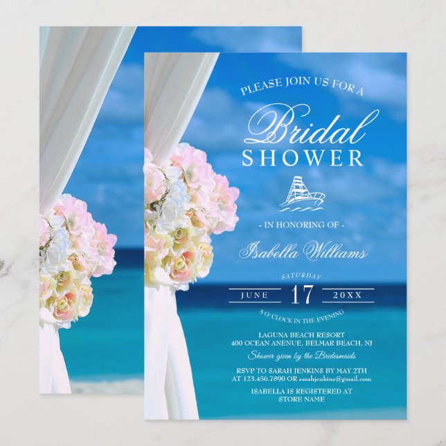 Elegant Blue Ocean Beach Bridal Shower Invitation (Front/Back)