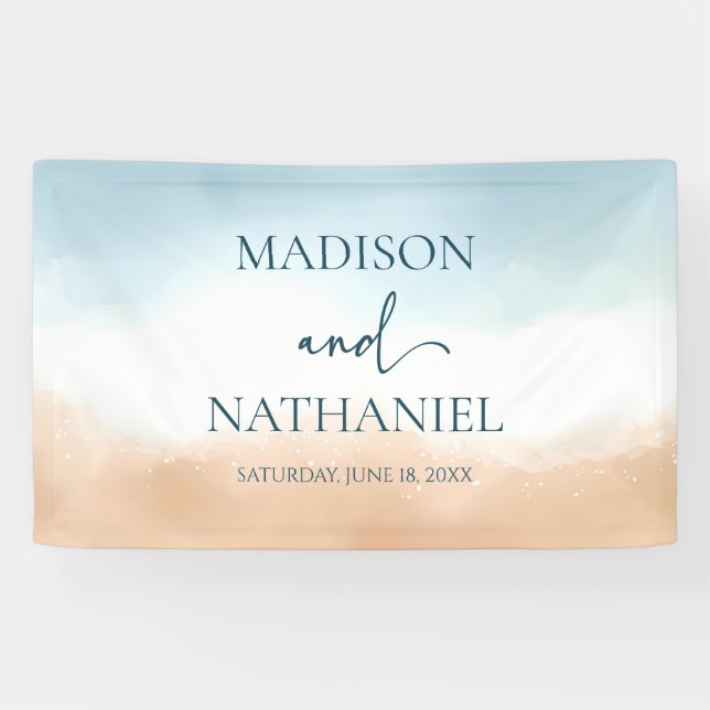 Elegant Blue Ocean Beach Shore Sand Wedding Banner (Horizontal)