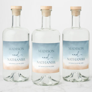 Elegant Blue Ocean Beach Shore Sand Wedding Liquor Bottle Label