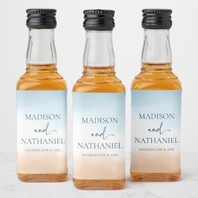 Elegant Blue Ocean Beach Shore Sand Wedding Liquor Bottle Label (Bottles)