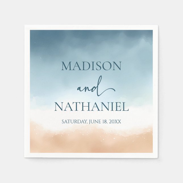 Elegant Blue Ocean Beach Shore Sand Wedding Napkin (Front)