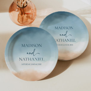 Elegant Blue Ocean Beach Shore Sand Wedding Paper Plate