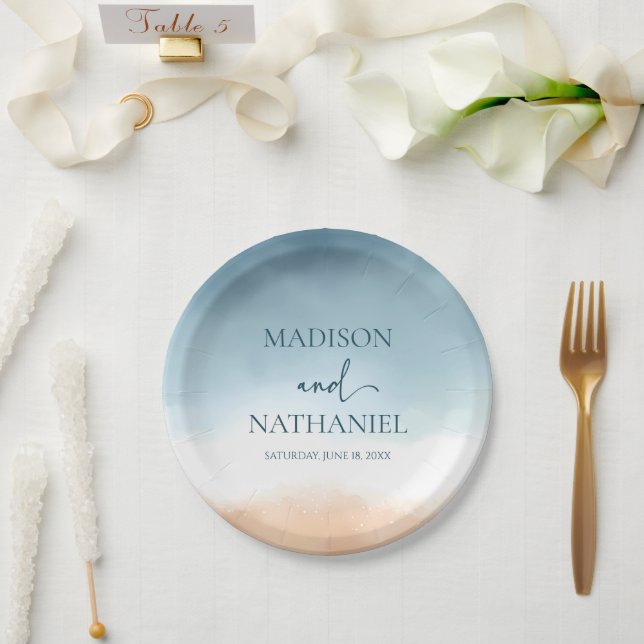 Elegant Blue Ocean Beach Shore Sand Wedding Paper Plate (Wedding)