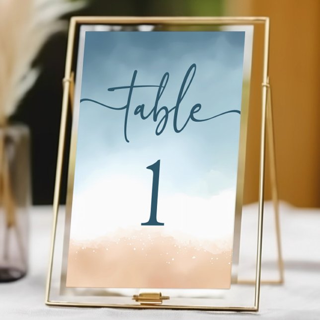 Elegant Blue Ocean Beach Shore Sand Wedding Table Number (Creator Uploaded)