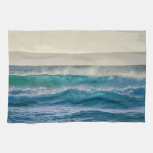 Elegant Blue Ocean Waves Acrylic Artwork Tea Towel