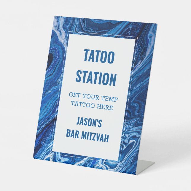 Elegant Blue Ocean Waves Bar Mitzvah Pedestal Sign (Front)