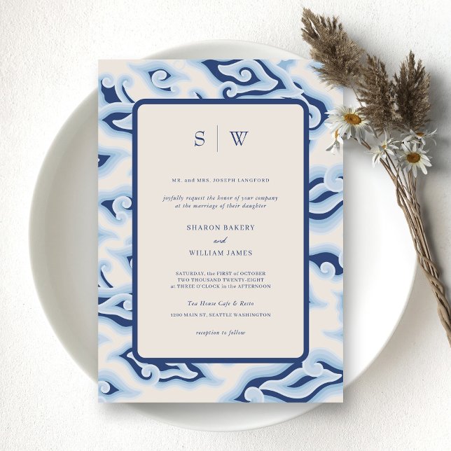 Elegant Blue Ocean Waves Monogram Wedding Invitation (Design Your Personalized Vintage Batik Wedding Invitation)