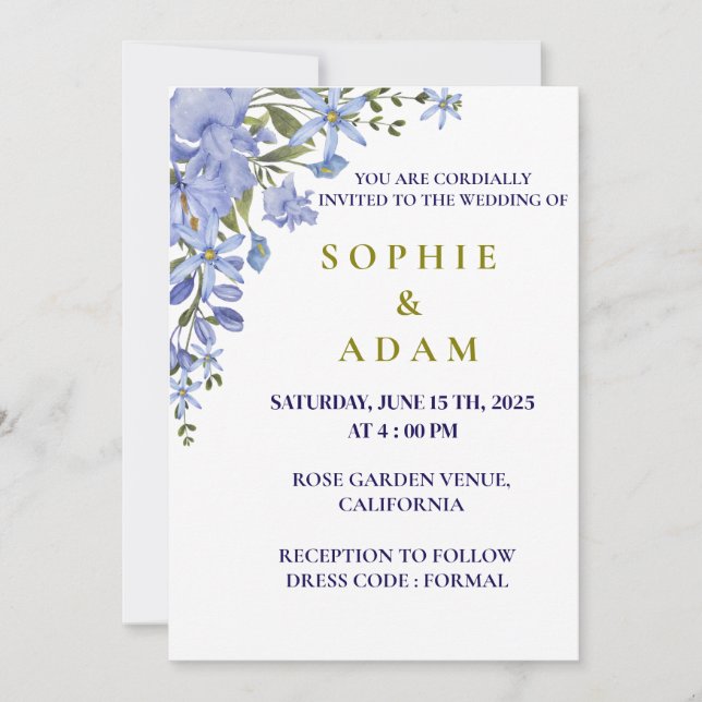 Elegant Blue & Olive Green Wedding Invitation, Invitation (Front)