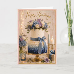 Elegant Blue Ombre Floral Birthday Cake Card