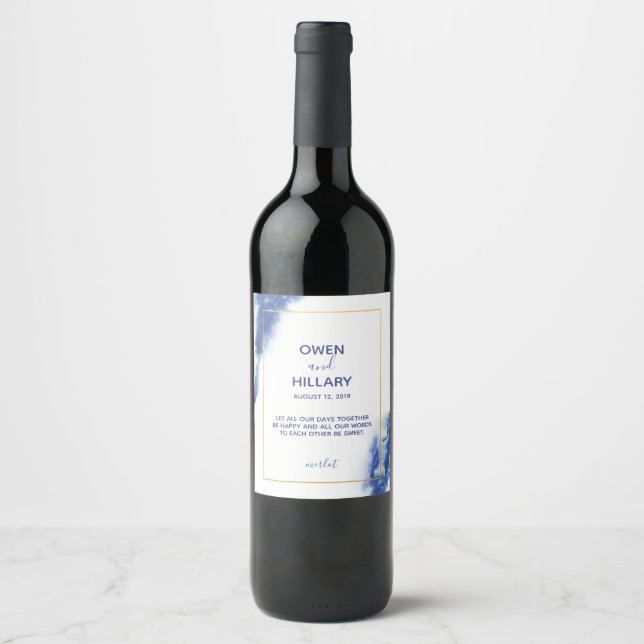 Elegant Blue Ombre Marble Wedding Wine Label (Front)