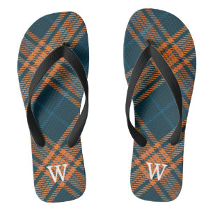 Elegant blue & orang tartan plaid Personalised  Flip Flops