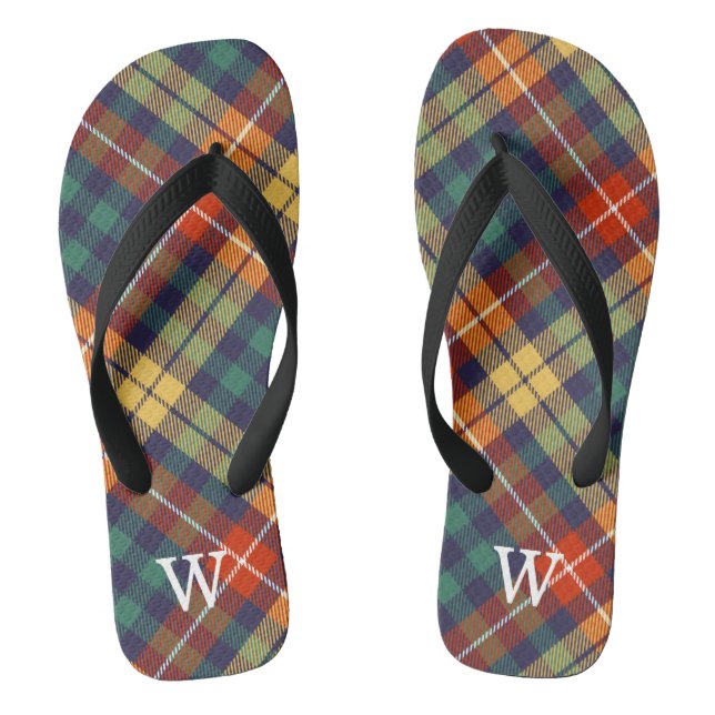 Elegant blue & orang tartan plaid Personalised  Flip Flops (Footbed)