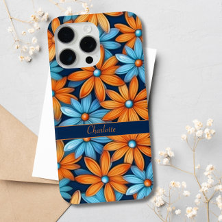 Elegant Blue Orange Floral Daisies Custom Name iPhone 15 Pro Max Case