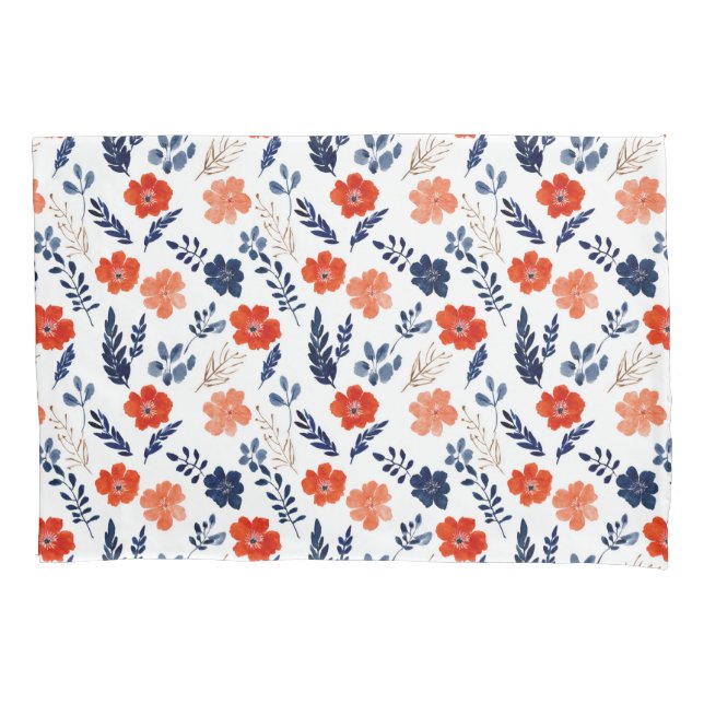 Elegant Blue& Orange Floral Pattern Watercolor  Pillowcase (Front)