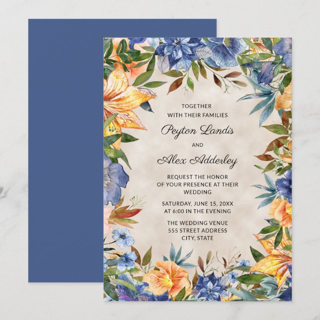 Elegant Blue Orange Watercolor Floral Wedding  Invitation (Front/Back)