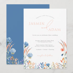 Elegant Blue Orange Wildflower Monogram Wedding Invitation