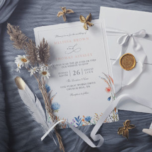 Elegant Blue & Orange Wildflowers QR Code Wedding Invitation