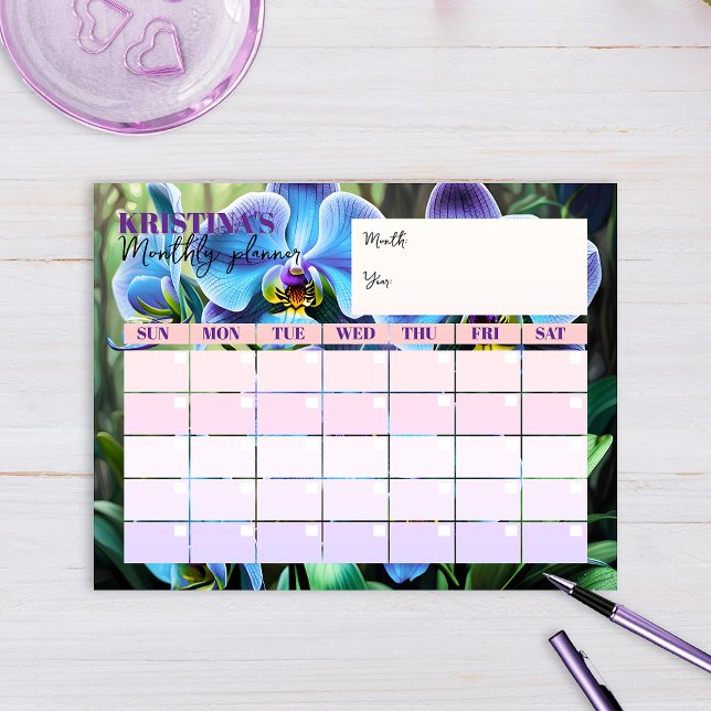 Elegant Blue Orchid Calendar Monthly Planner  Notepad (Creator Uploaded)