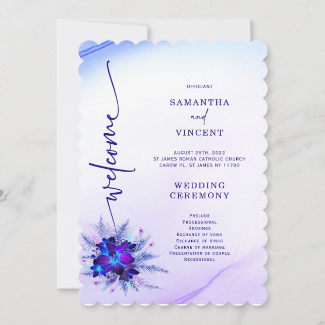 Elegant  Blue Orchid  Wedding Program Invitation (Front)