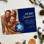 Elegant Blue Ornament Photo Christmas Foil Holiday Card<br><div class="desc">Experience the joy and elegance of the holiday season with our sophisticated family Christmas holiday cards. Immerse yourself in the deep blue background which perfectly complements the blue and gold foil Christmas ornament. Personalise this perfect piece with your family name, a heartwarming message, and a cherished family photo. Let our...</div>