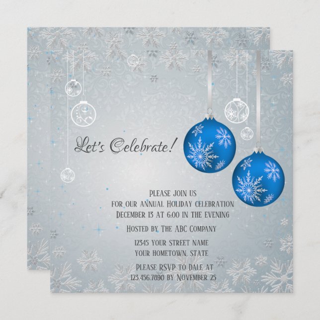 Elegant Blue Ornaments Silver Snowflakes Christmas Invitation (Front/Back)