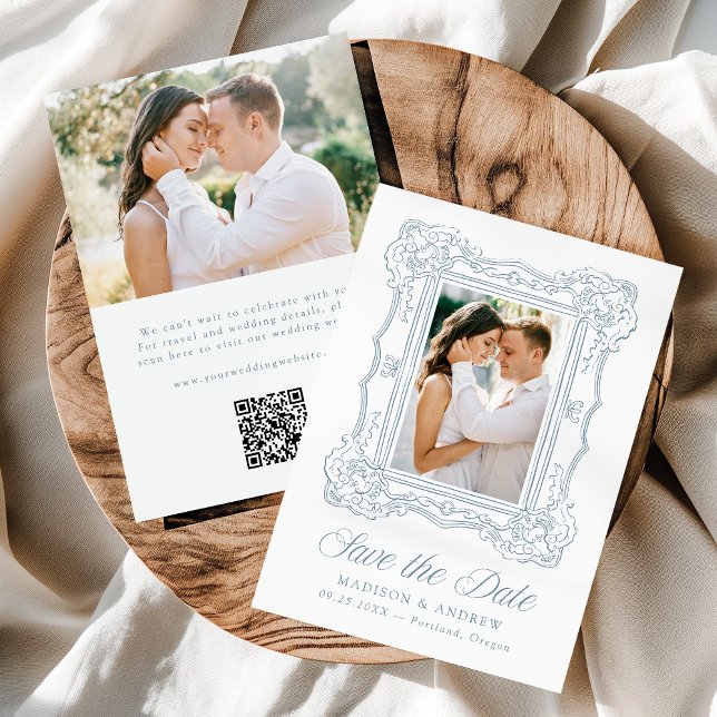 Elegant Blue Ornate Frame 2 Photo QR Code Wedding Save The Date (Creator Uploaded)