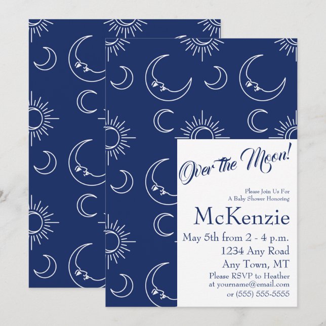Elegant Blue Over The Moon Celestial Baby Shower I Invitation (Front/Back)