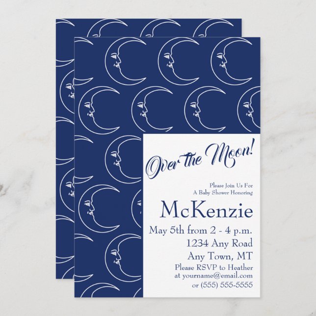 Elegant Blue Over The Moon Celestial Baby Shower I Invitation (Front/Back)