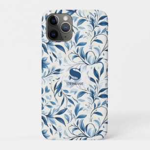 Elegant Blue Paisley Leaves - White Background (1) iPhone 11 Pro Case