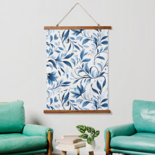 Elegant Blue Paisley Leaves - White Background (1) Hanging Tapestry